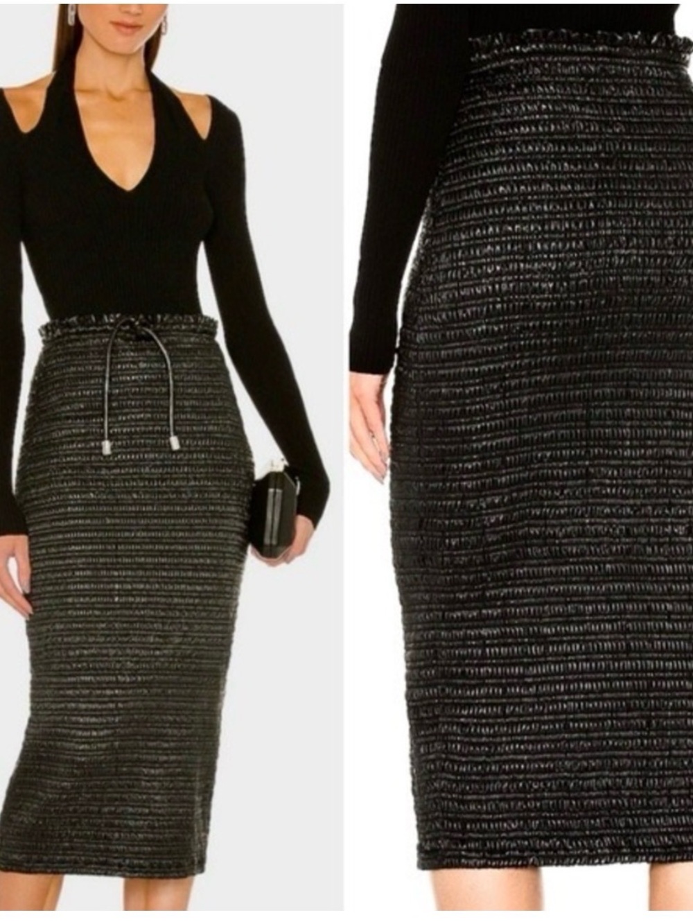ALC Black Textured Midi Pencil Skirt with Drawstring Waist